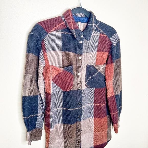 Free People Plaid Orange Blue Flannel Button Down Tunic Dress Long Sleeve XS - Picture 2 of 6